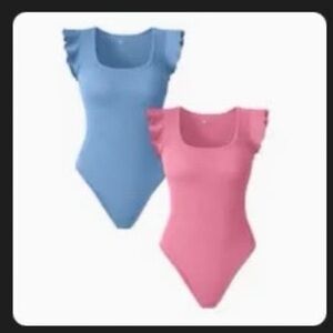 Women’s Body Suits (2)- Blue & Pink Ruffled Shoulders NWOT
